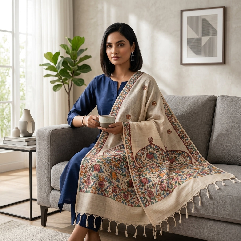 Handmade Madhubani Painting Dupatta for Women – Traditional Ethnic Handcrafted