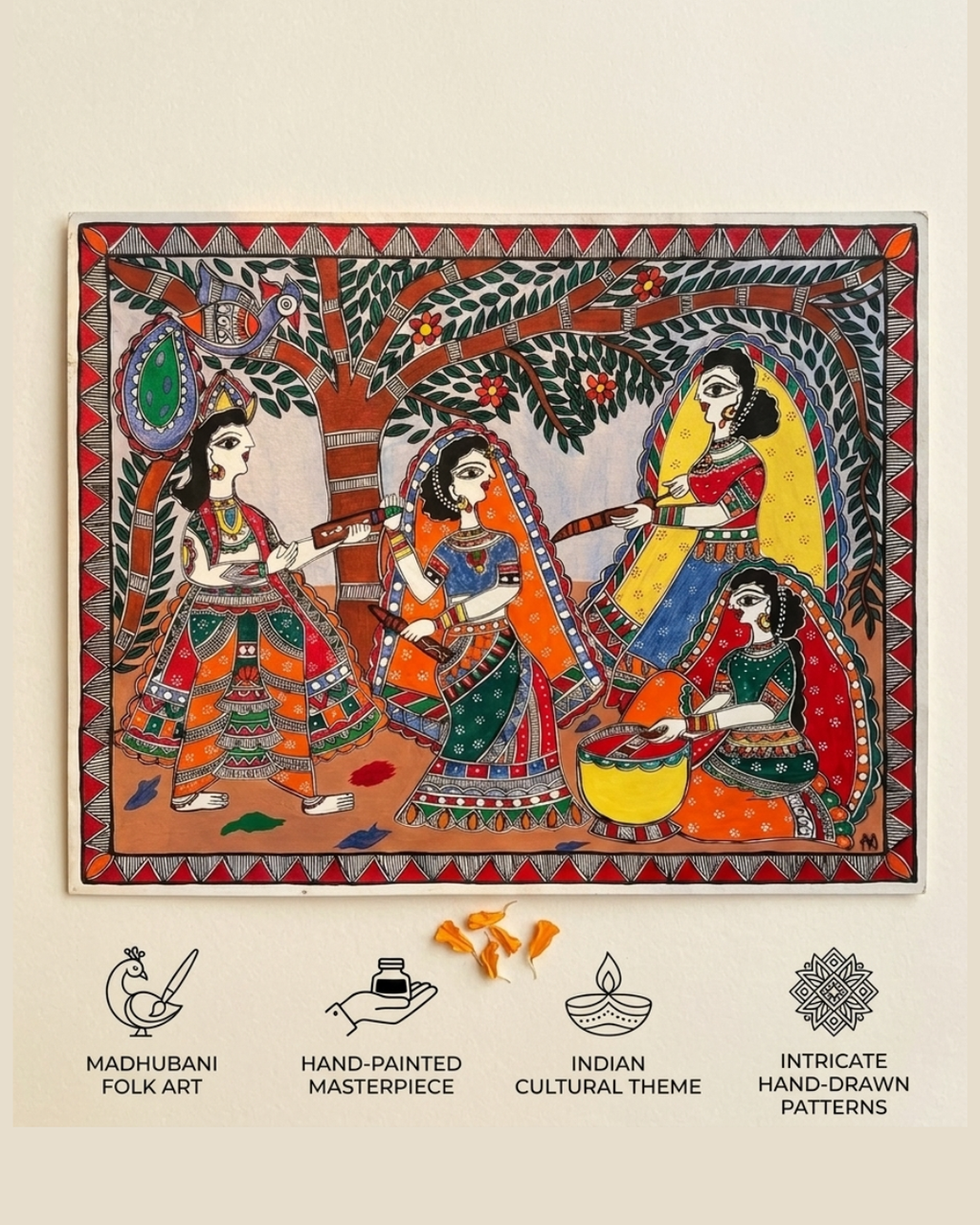 Krishna & Radha Holi Festival Madhubani Painting - Handmade Wall Art