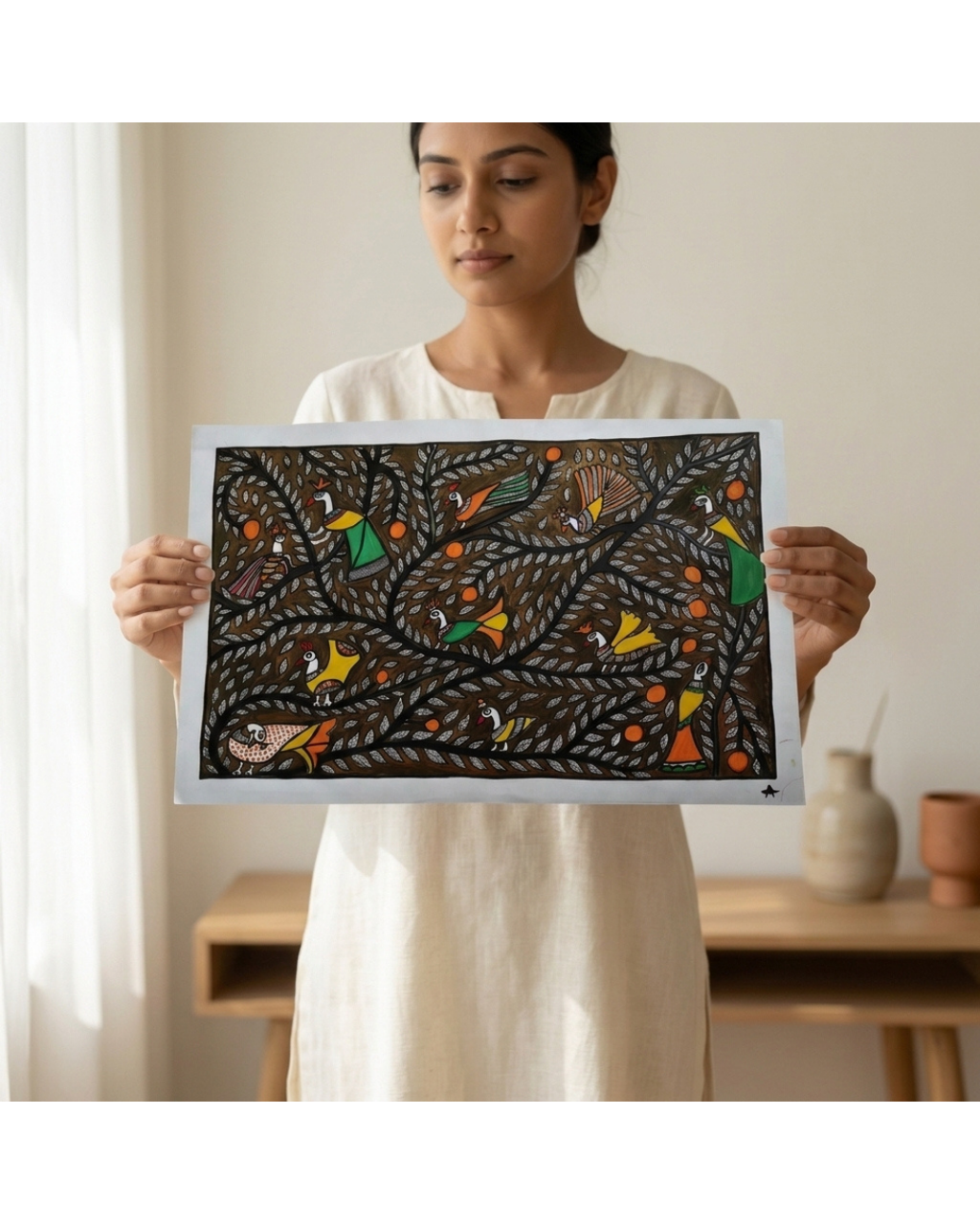 Tree of Life Madhubani Painting on Handmade Paper (15–22 Inch) – Traditional Mithila Folk Art Wall Decor