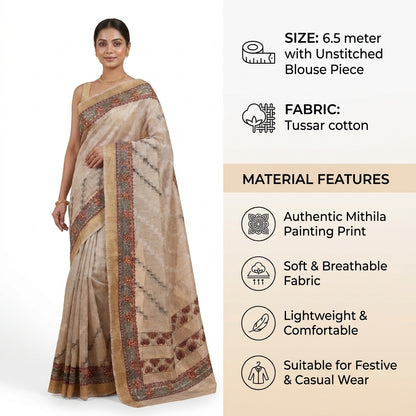 Light Greyish Beige Handmade Madhubani Painting Saree