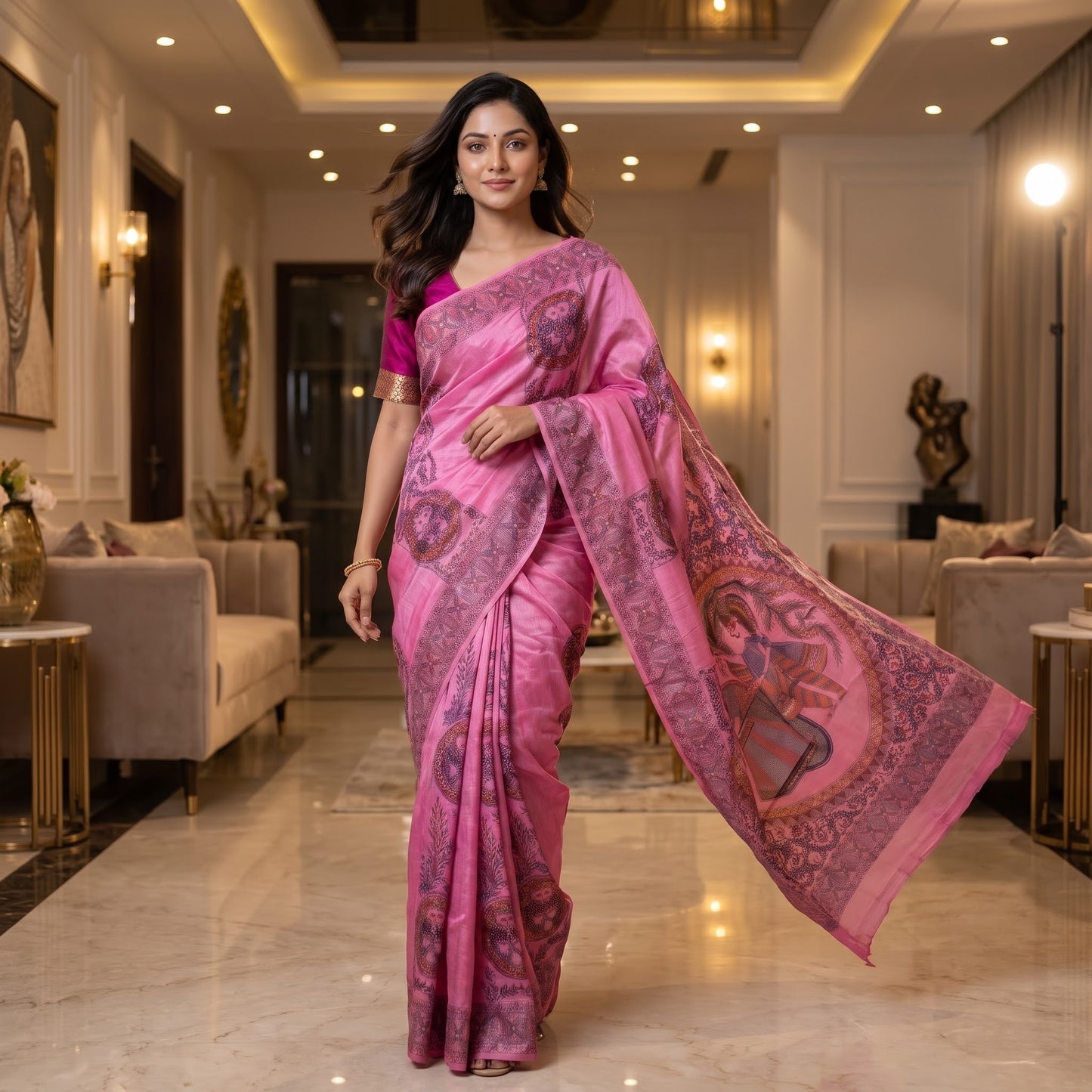 Rani Pink Handmade Madhubani Painting Saree for Women