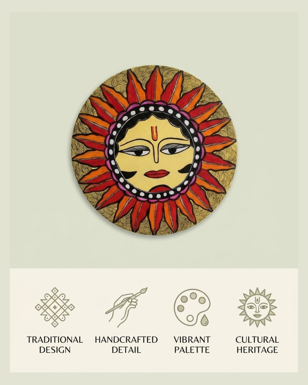 Handmade Lord Surya Madhubani Painting Wall Art on MDF Board  – Traditional Mithila Art Decor