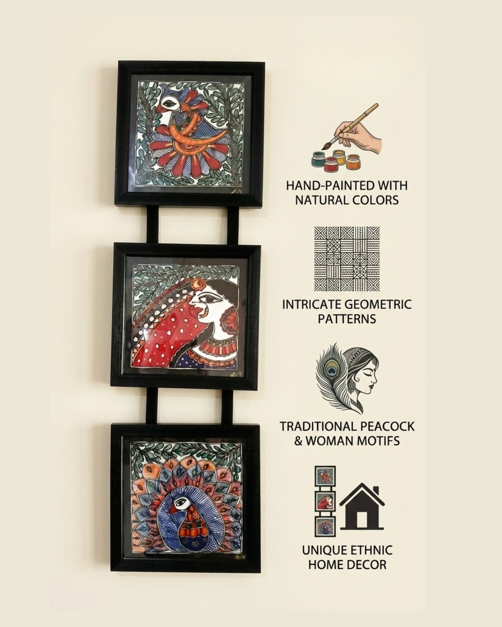 Peacock & Woman Madhubani Painting Triple Frame (7x8 Inch) | Wall Hanging Decor