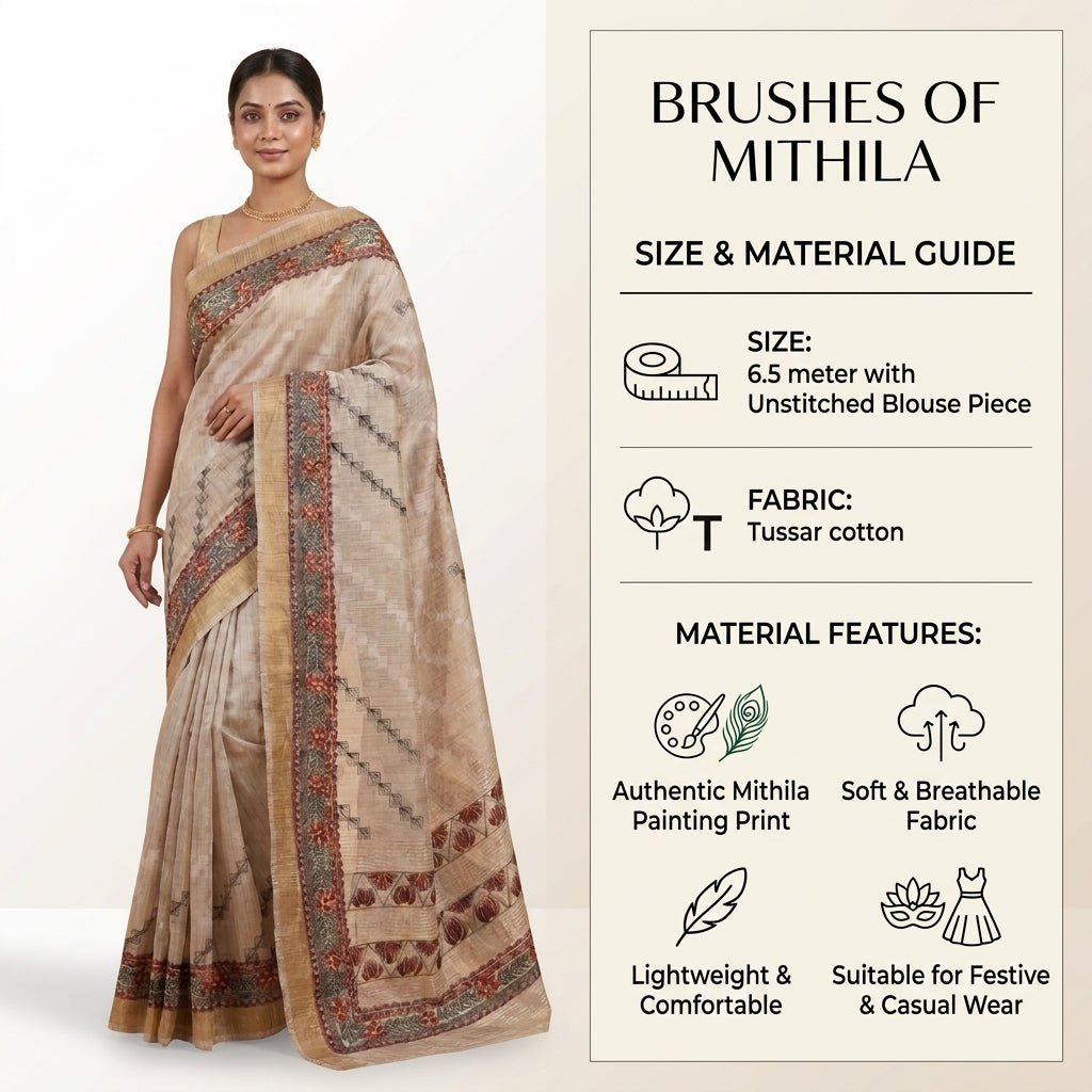 Light Greyish Beige Handmade Madhubani Painting Saree