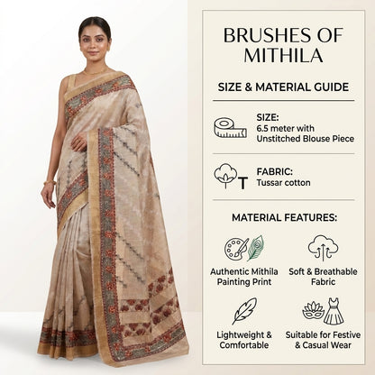 Light Greyish Beige Handmade Madhubani Painting Saree