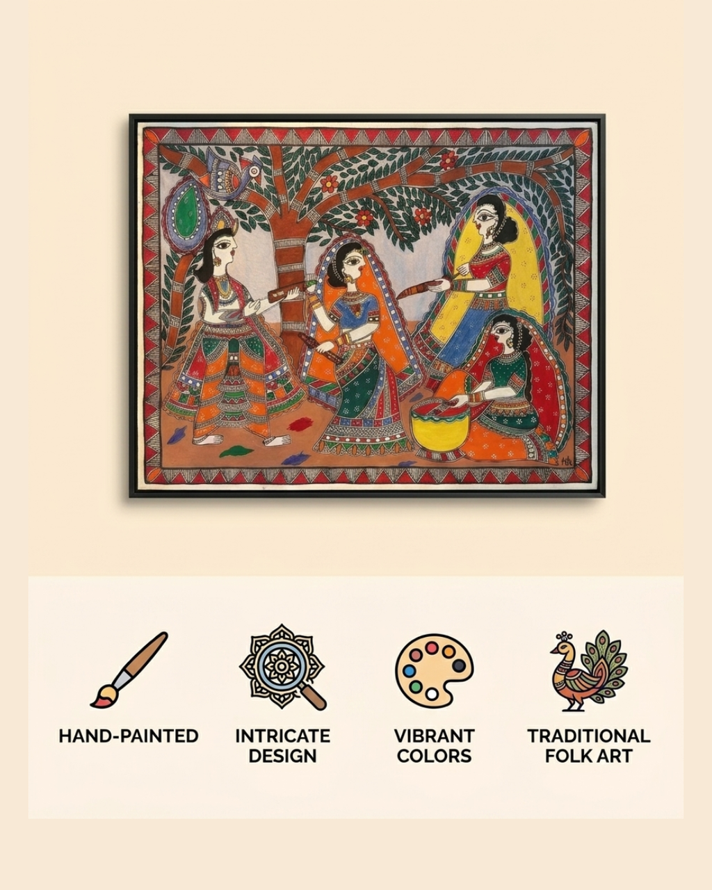 Krishna & Radha Holi Festival Madhubani Painting - Handmade Wall Art