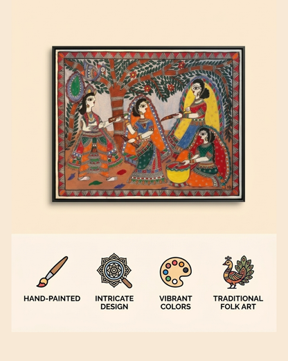 Krishna & Radha Holi Madhubani Painting | Wall Art Decor