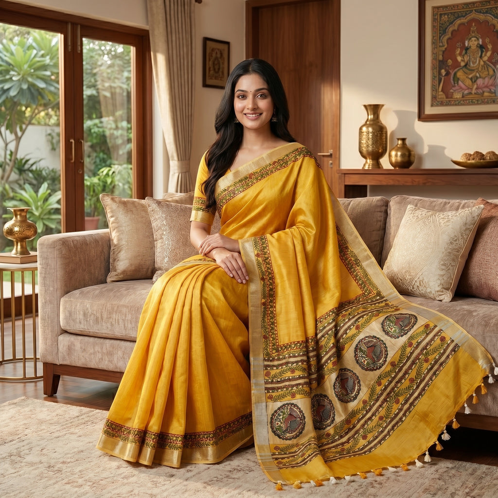 Mustard Yellow Madhubani Painting Saree | Handmade Saree with Blouse