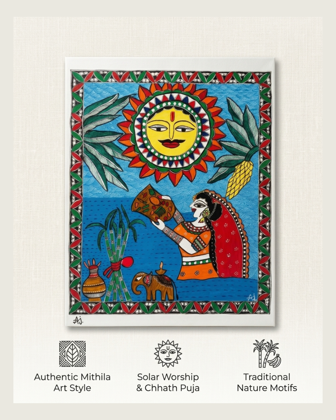 Chhath Puja Madhubani Painting – Handmade Traditional Indian Wall Art