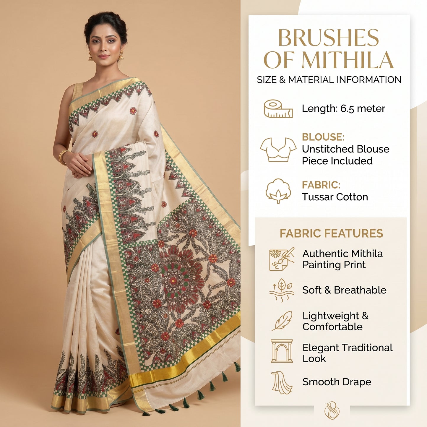 Light Cream Handmade Madhubani Painting Saree for Women