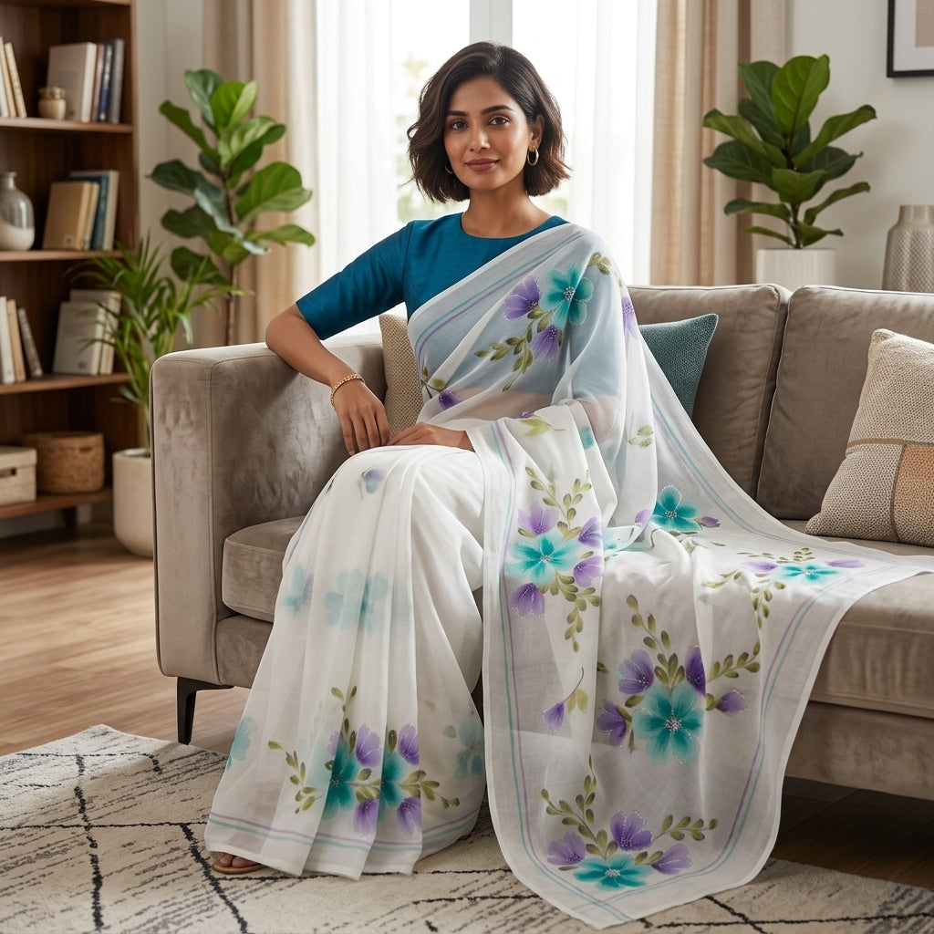 White Floral Handmade Madhubani Painting  Saree with Blouse