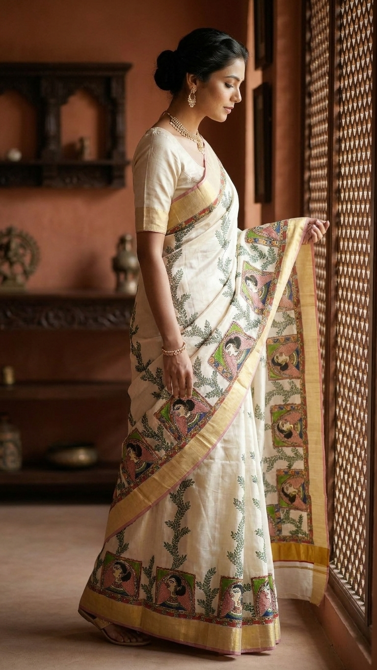 Cream Colour Handmade Madhubani Painting Saree with Blouse