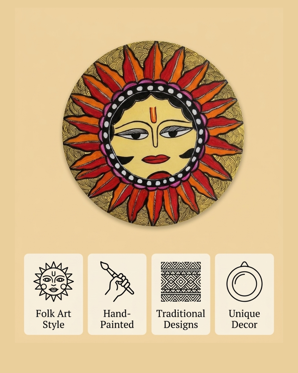 Handmade Lord Surya Madhubani Painting Wall Art on MDF Board  – Traditional Mithila Art Decor