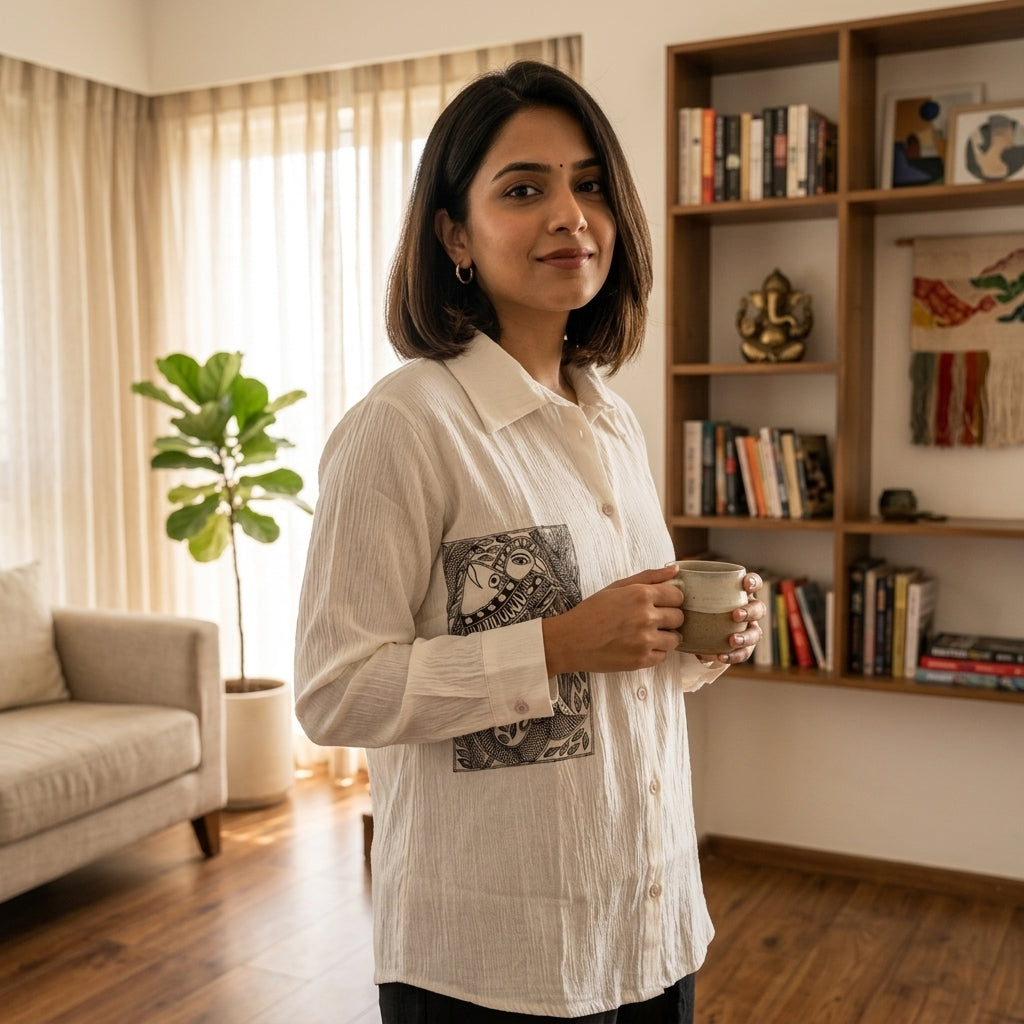 Hand-Painted Madhubani Art Women's Shirt - Traditional Mithila Design