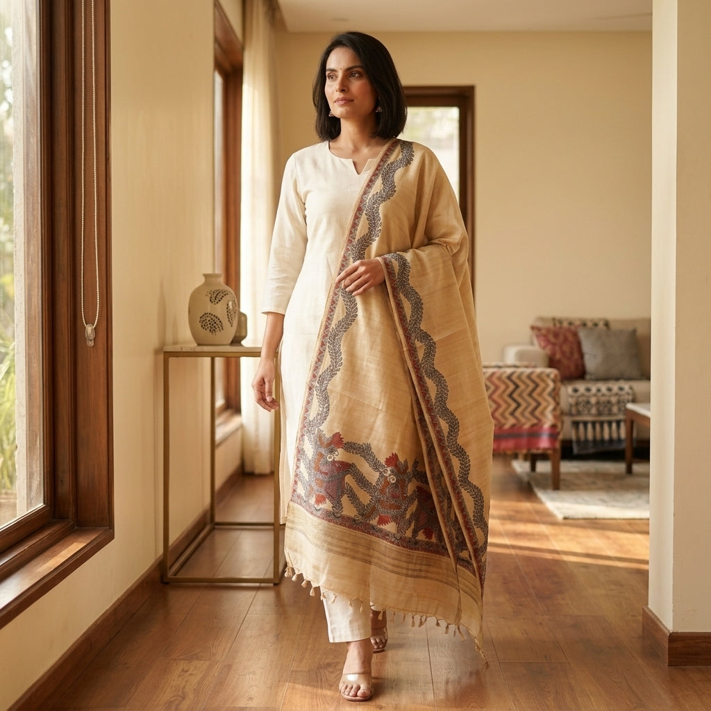 Handmade Madhubani Painting Dupatta for Women