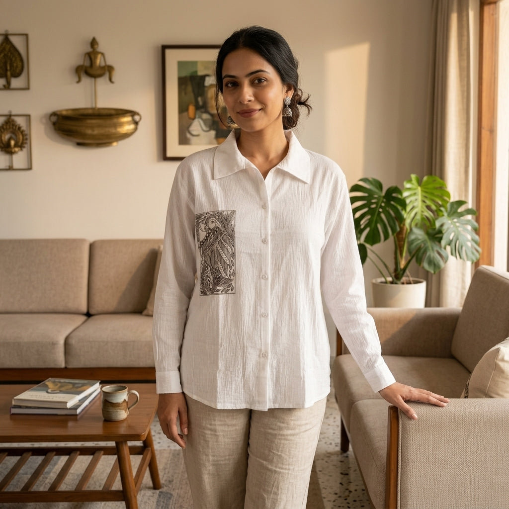 Hand-Painted Madhubani Art Women's Shirt - Traditional Mithila Design