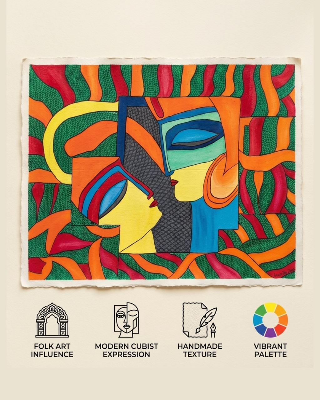 Krishna and Radha Abstract Madhubani Painting – Handmade Traditional Wall Art