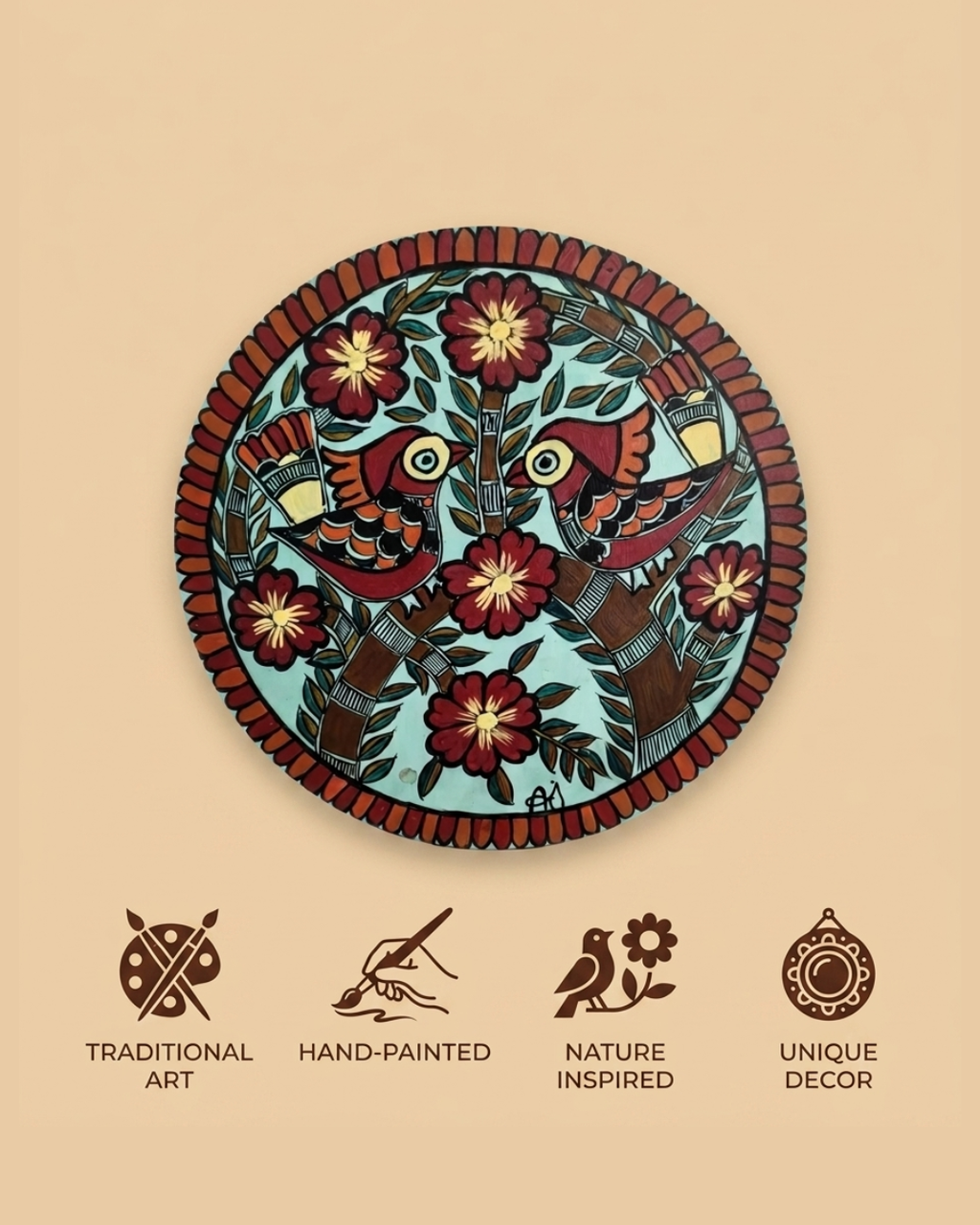 Birds Tree of Life Madhubani Painting Wall Art – Handmade Decorative Wall Hanging