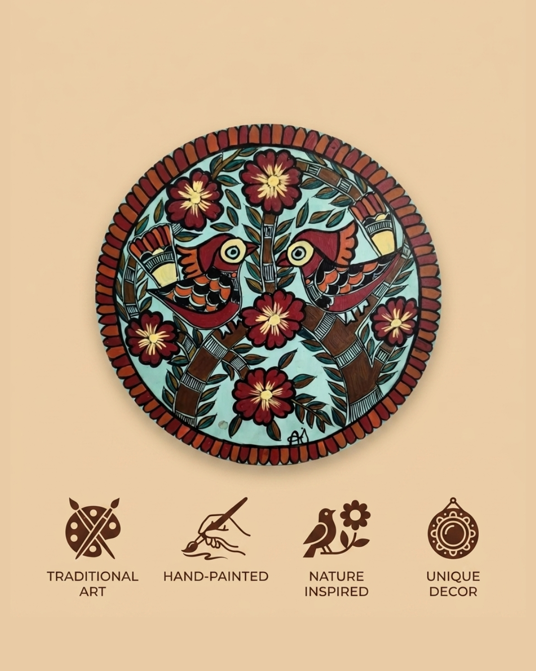 Birds Tree of Life Madhubani Painting Wall Art – Handmade Decorative Wall Hanging