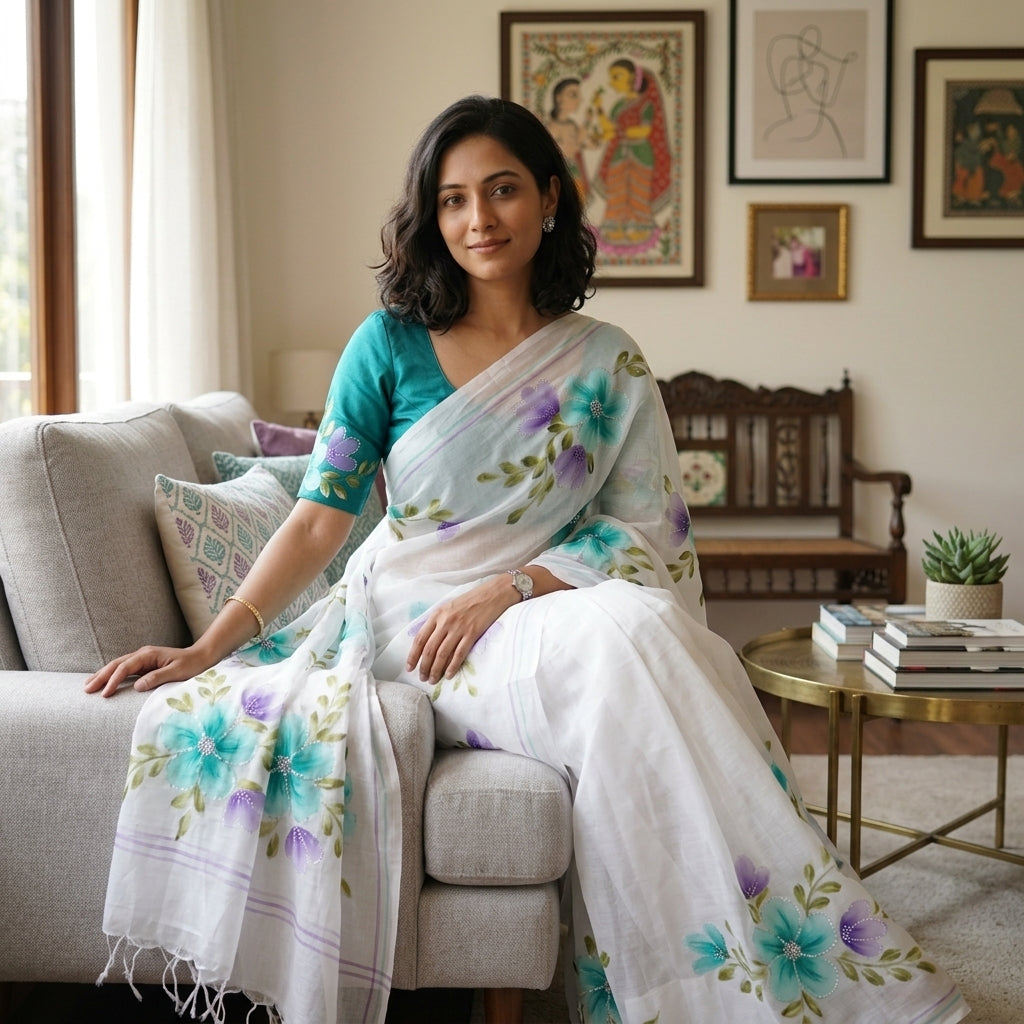 White Floral Handmade Madhubani Painting  Saree with Blouse