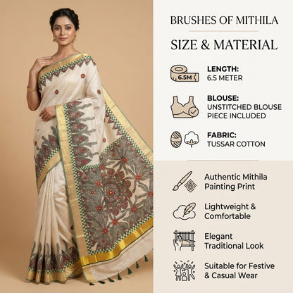 Light Cream Handmade Madhubani Painting Saree for Women