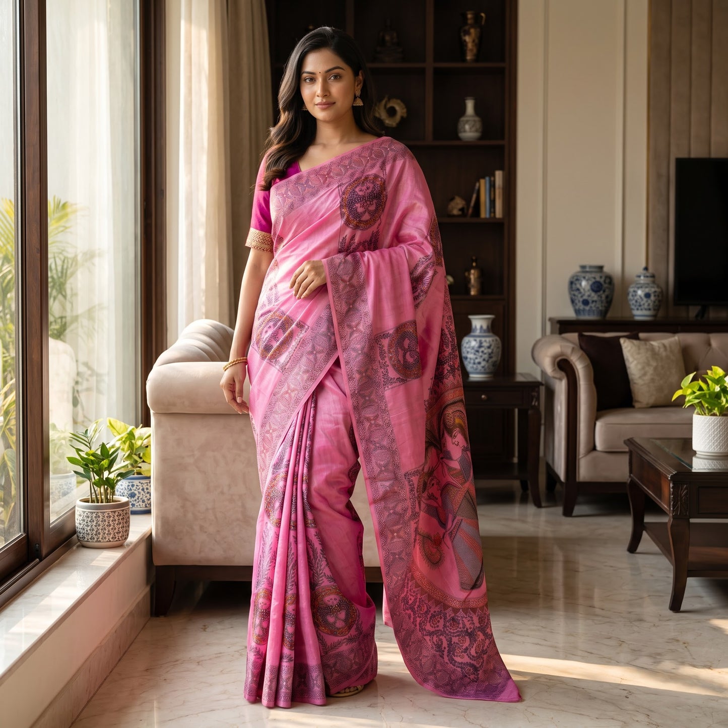 Rani Pink Handmade Madhubani Painting Saree for Women