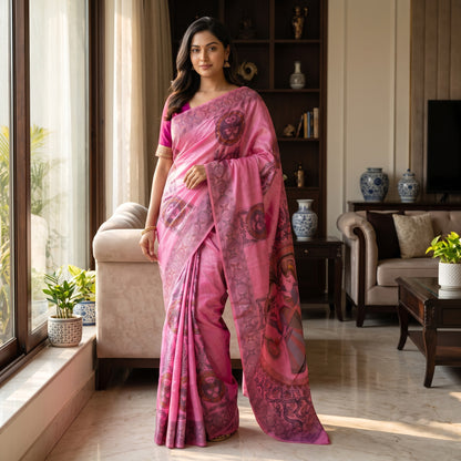 Rani Pink Handmade Madhubani Painting Saree for Women