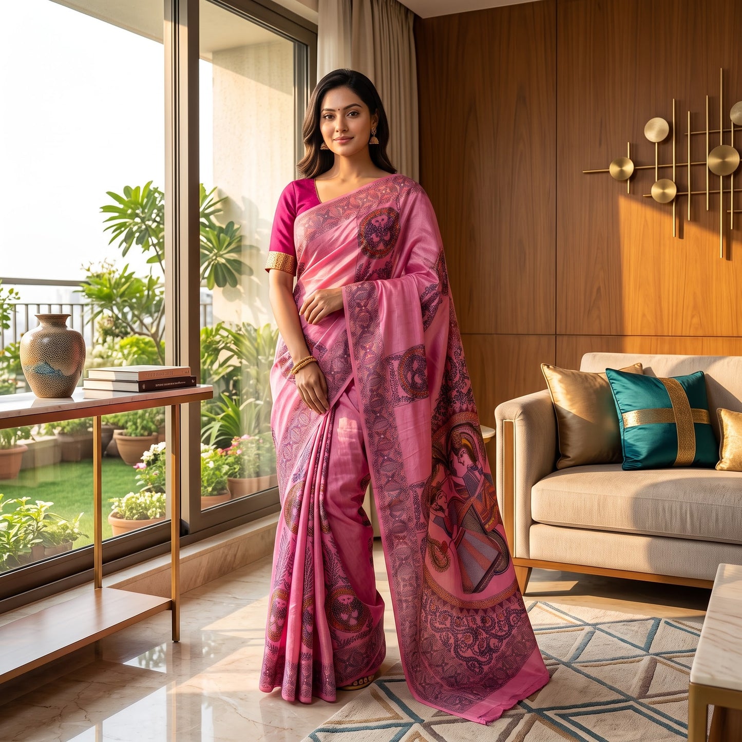 Rani Pink Handmade Madhubani Painting Saree for Women