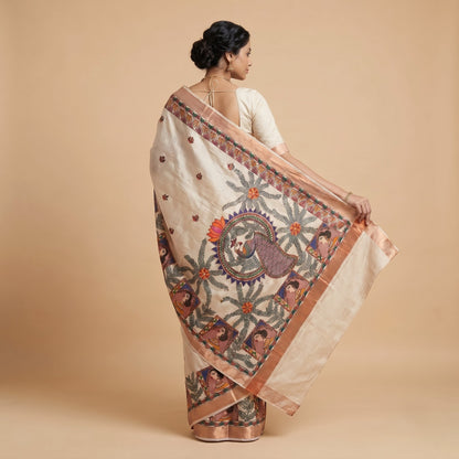Light Beige Handmade Madhubani Painting Saree