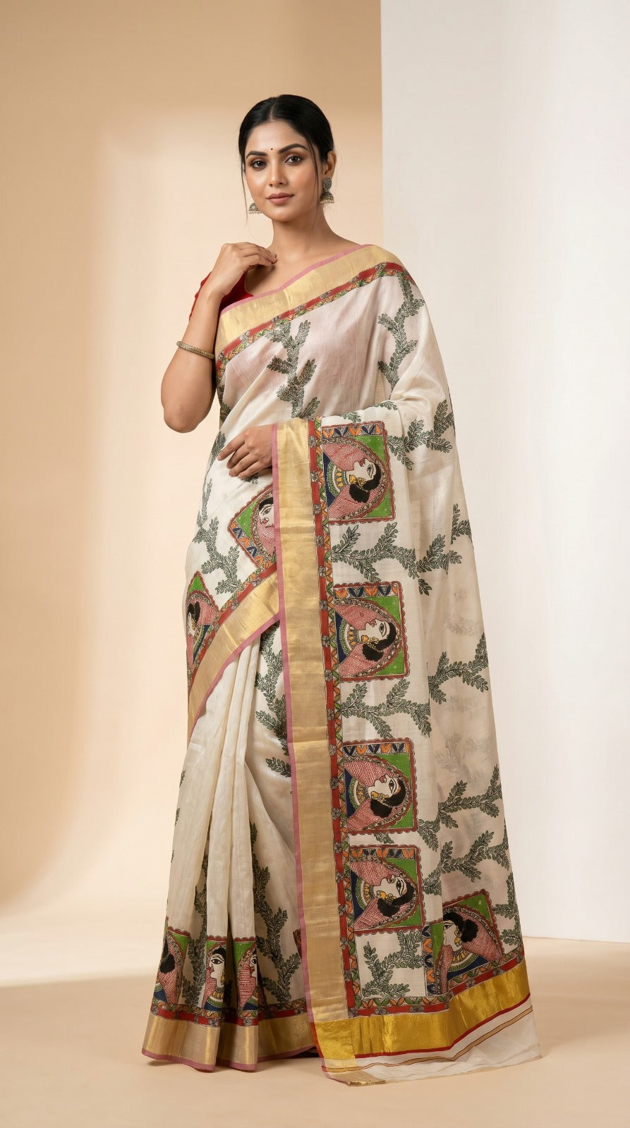 Cream Colour Handmade Madhubani Painting Saree with Blouse