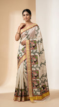 Cream Colour Handmade Madhubani Painting Saree with Blouse