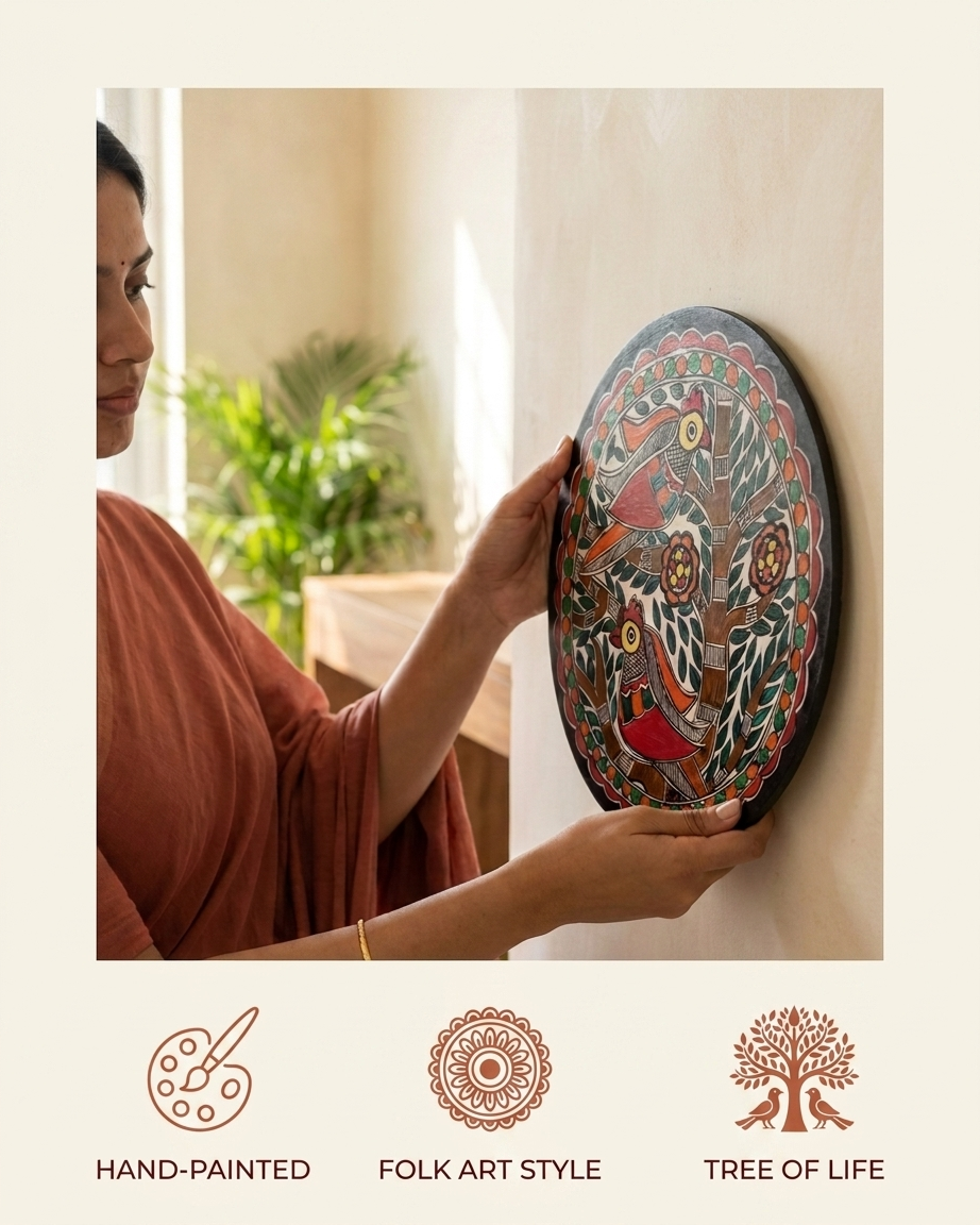 Birds Tree of Life Madhubani Painting Wall Art – Handcrafted Home Decor
