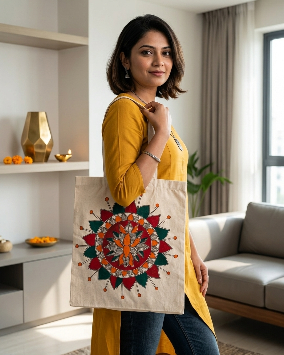 Hand-Painted Madhubani Painting Tote Bag | Ethnic Shoulder Bag