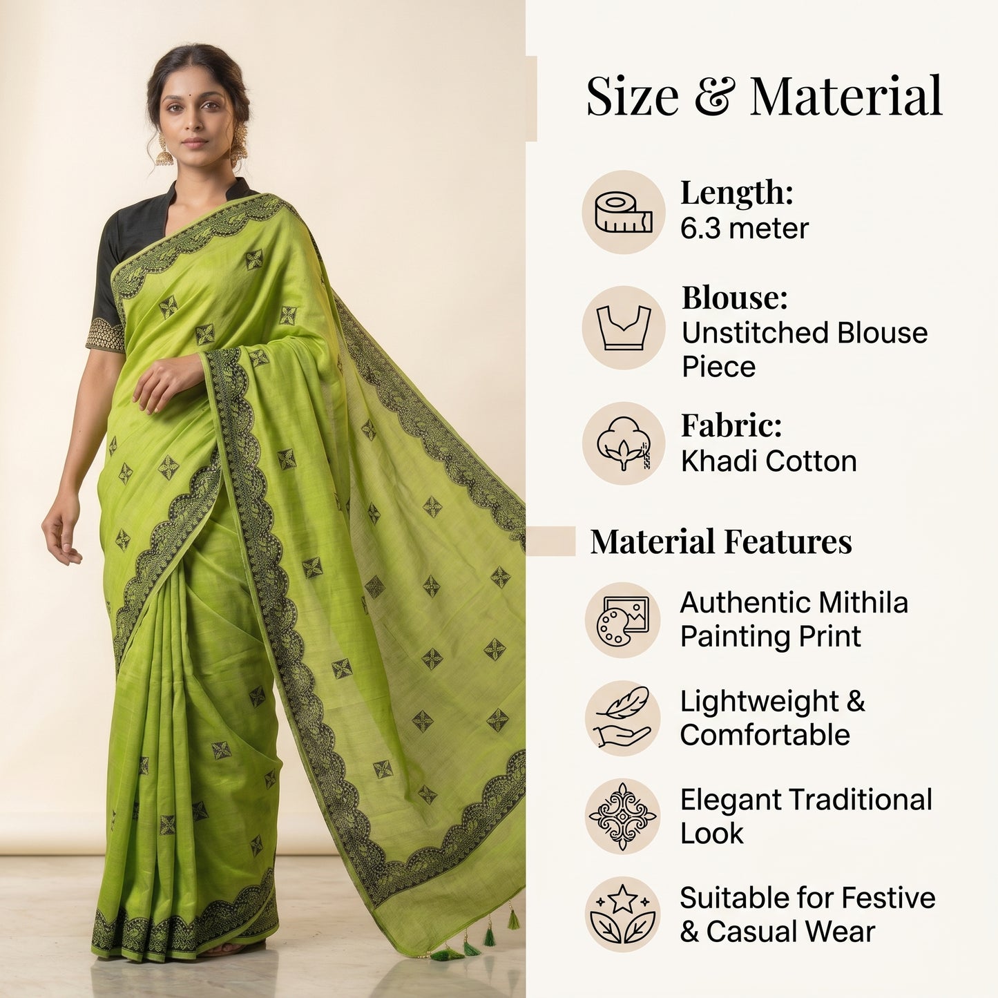 Parrot Green Handmade Madhubani Painting Saree for Women