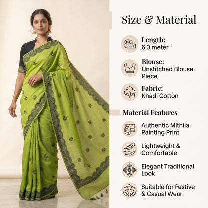 Parrot Green Handmade Madhubani Painting Saree for Women