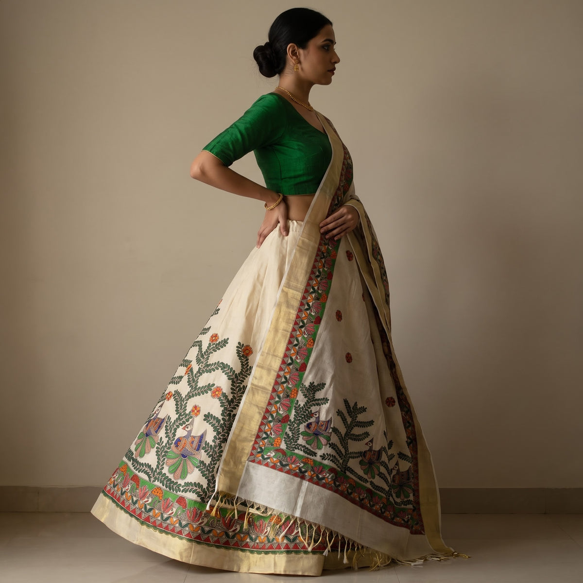 Madhubani Handpainted Green Lehenga Set with Dupatta