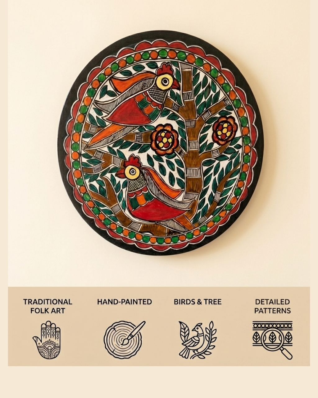 Birds Tree of Life Madhubani Painting Wall Art – Handcrafted Home Decor