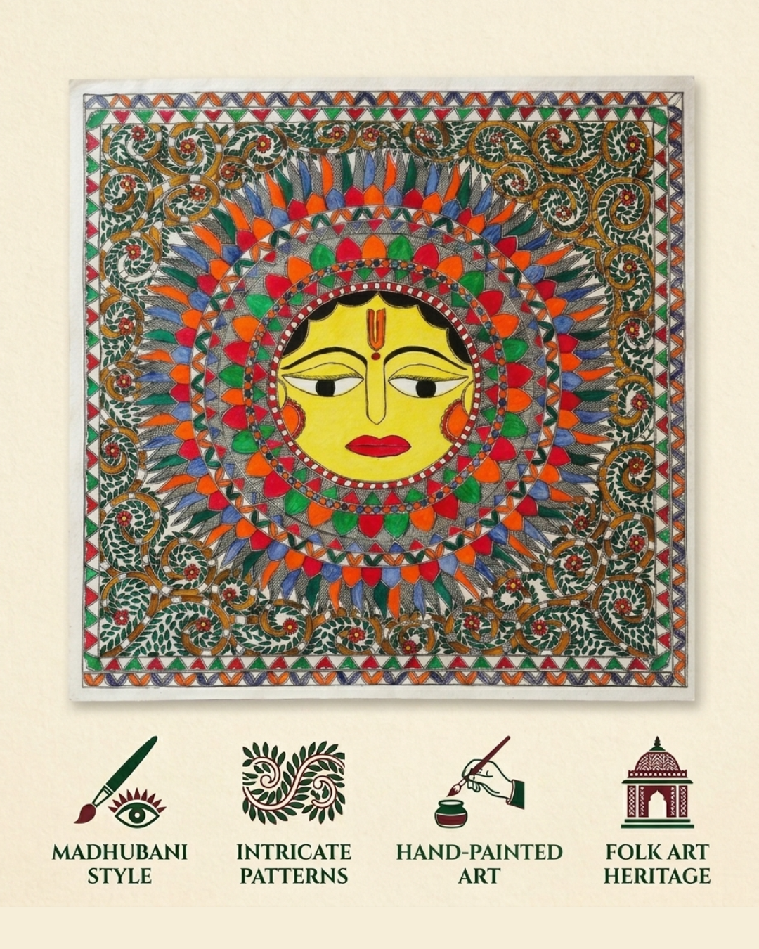 Lord Sun Madhubani Painting - Handmade Traditional Wall Art