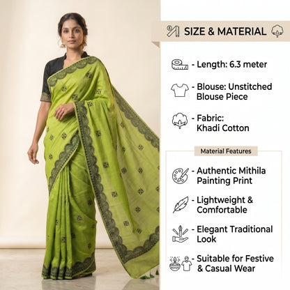 Parrot Green Handmade Madhubani Painting Saree for Women