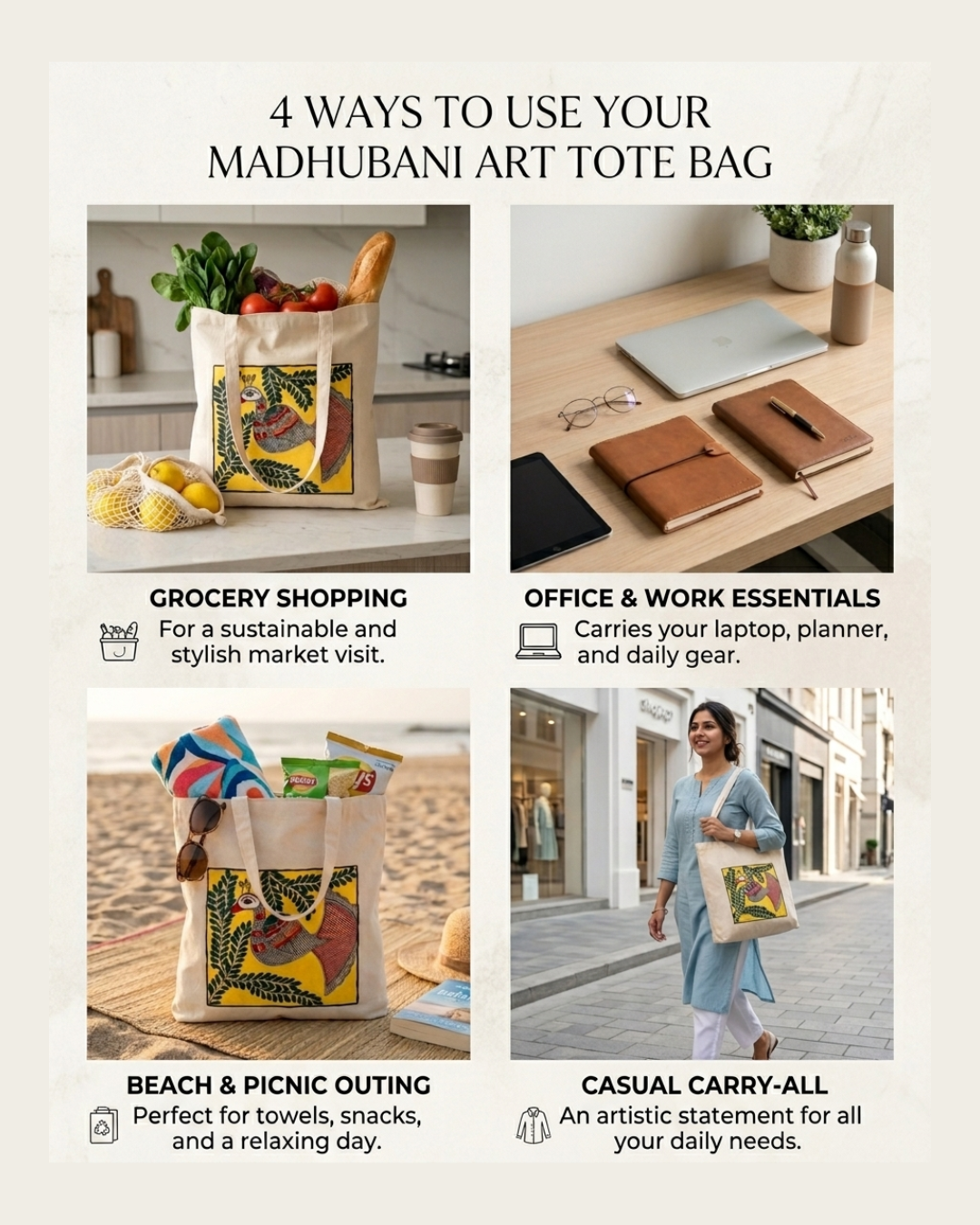 Hand-Painted Madhubani Tote Bag for Ethnic Style