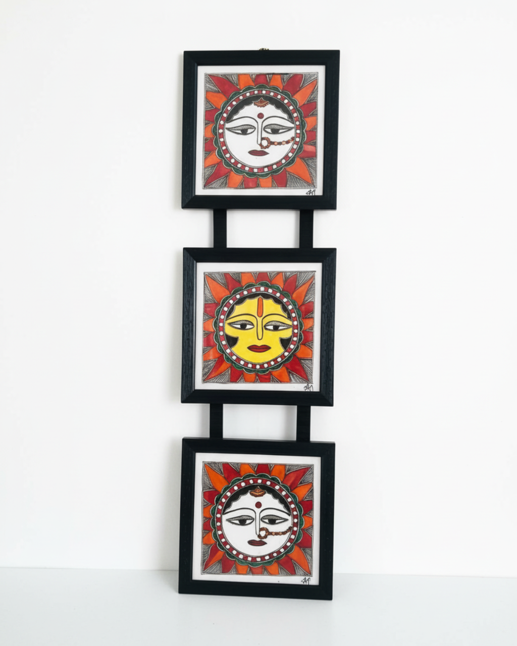 Sun Madhubani Triple Frame Wall Hanging – Handmade Mithila Art Decor