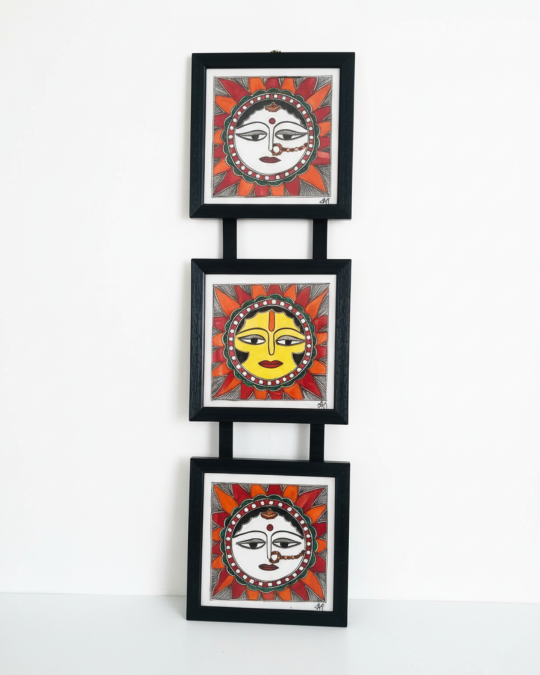Sun Madhubani Triple Frame Wall Hanging – Handmade Mithila Art Decor