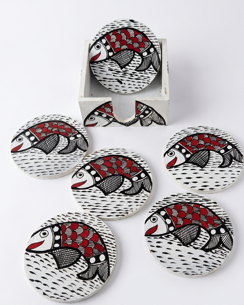 Handmade Fish Design Coaster Set with Stand | Madhubani Painting Tea Coasters Set of 6