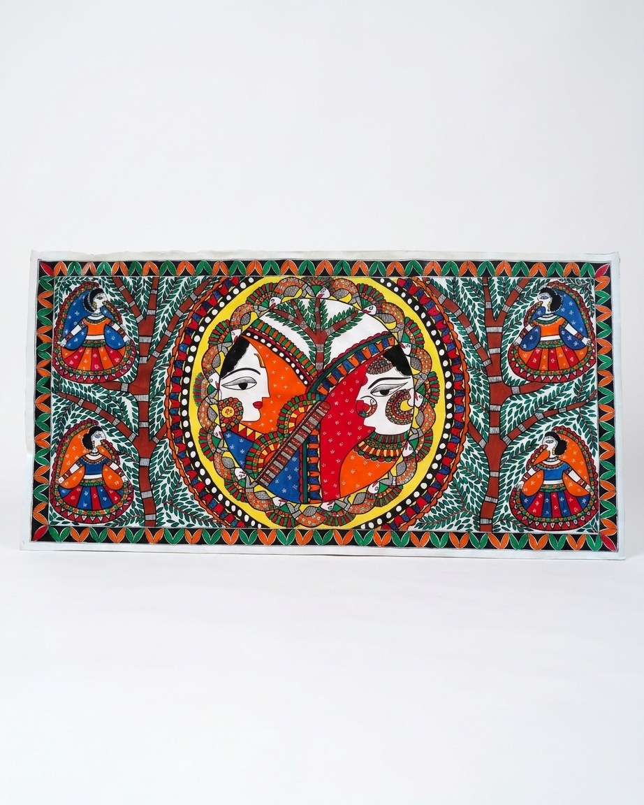 Krishna Radha Rashlila Madhubani Painting Canvas Wall Art Without Frame