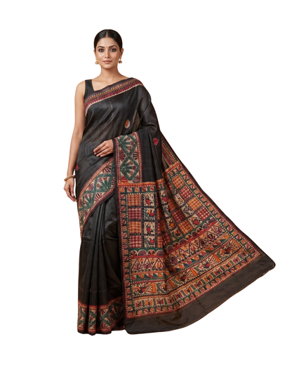 Black Handmade Madhubani Painting Saree with Blouse