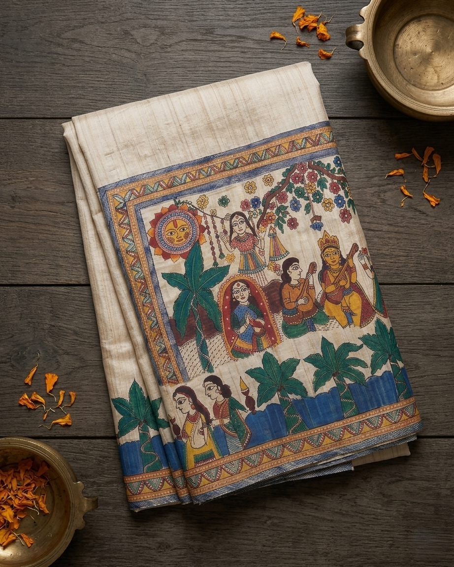 Handmade Madhubani Painting Silk Saree with Blouse | Ethnic Saree