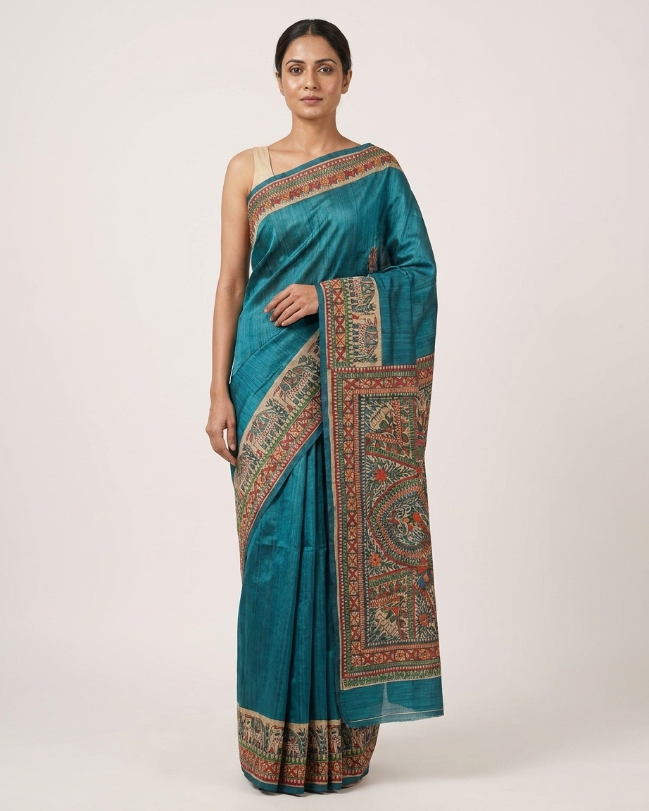 Traditional Blue Handmade Madhubani Painting Saree with Blouse