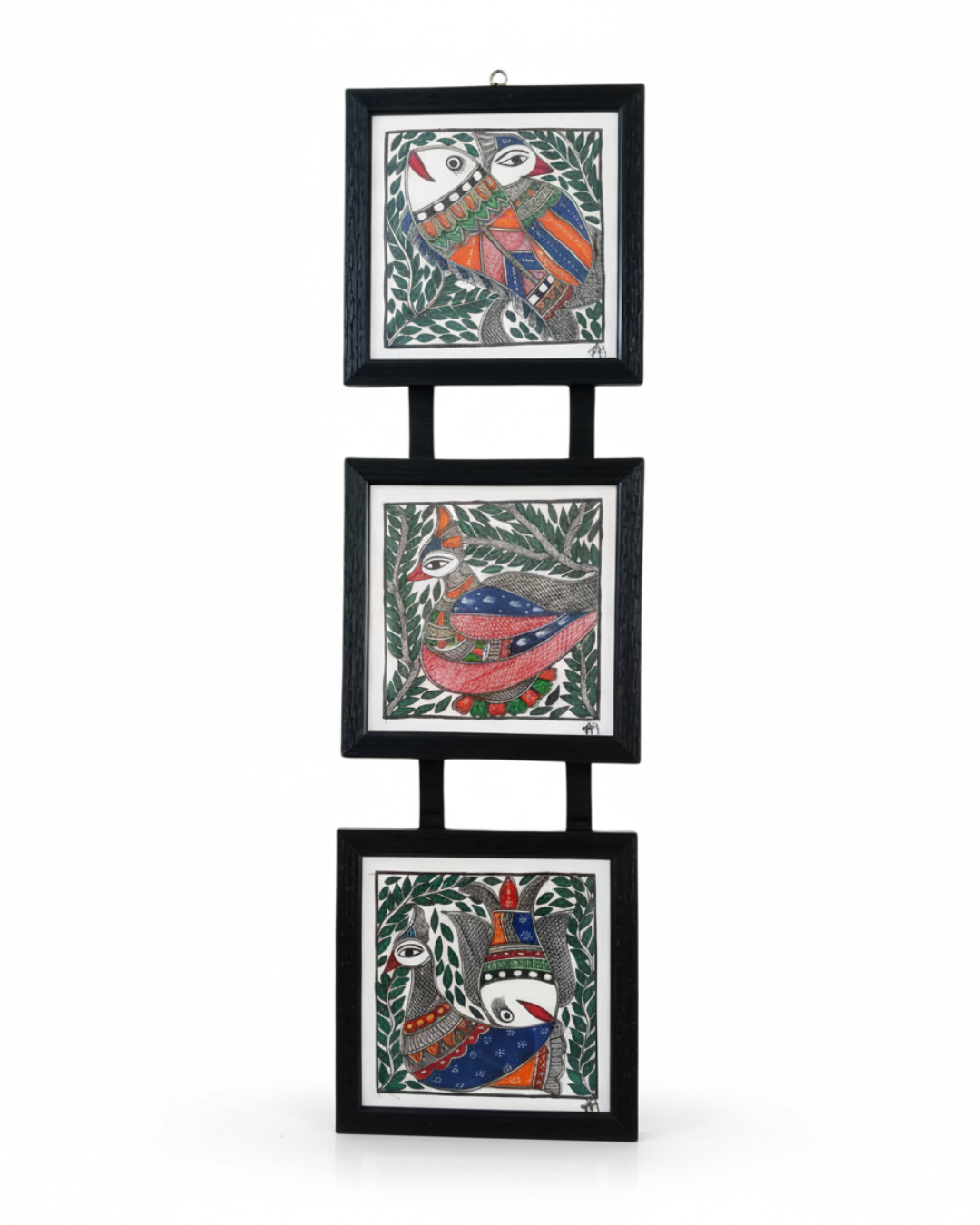Fish & Peacock Madhubani Triple Frame Wall Hanging – Handmade Decor