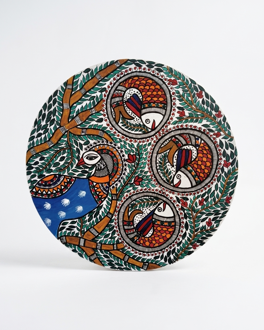 Peacock and Fish Madhubani Wall Art on MDF Board – Handmade Mithila Painting for Home Decor