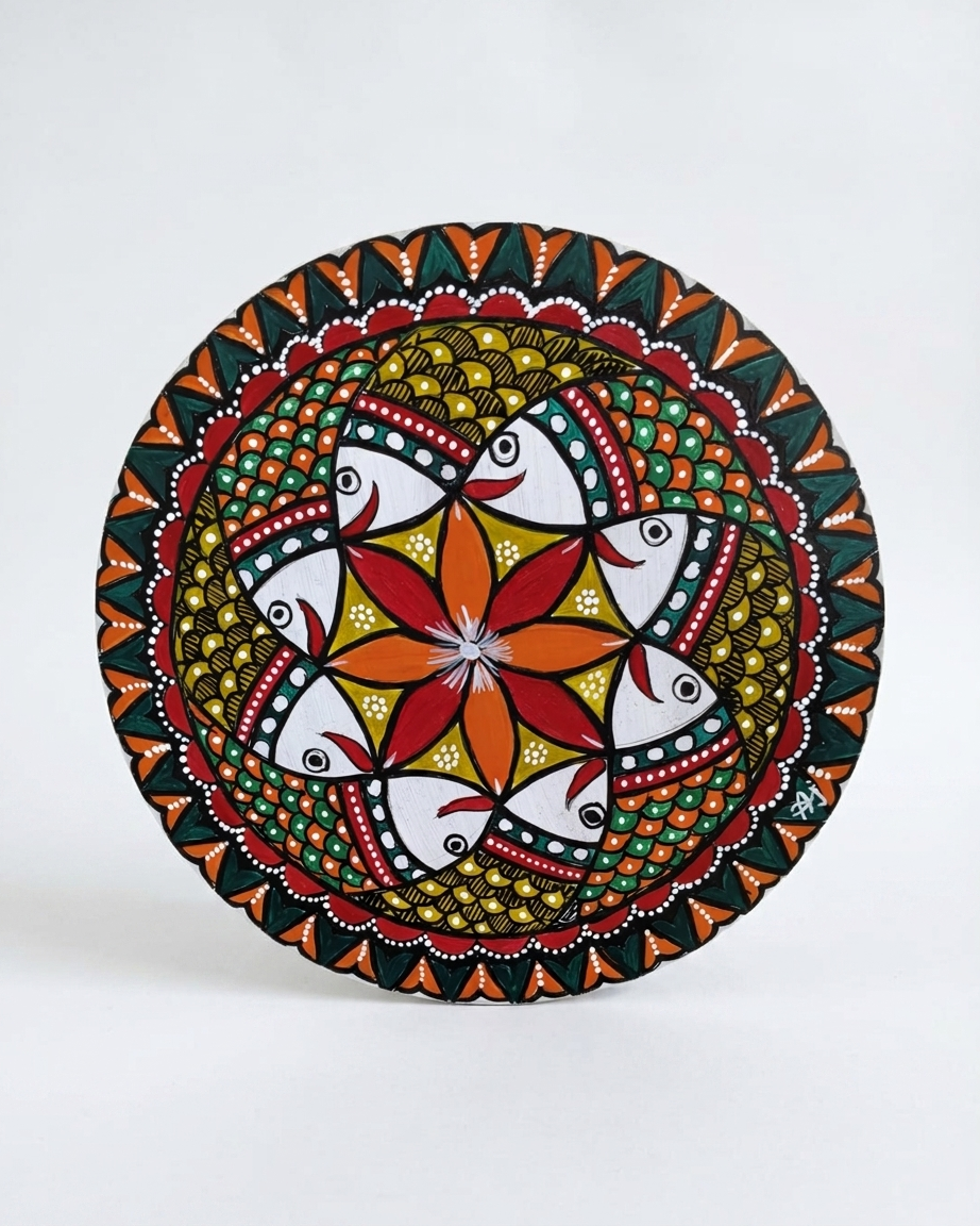 Fish Collage Madhubani Wall Art on MDF Board – Handmade Mithila Painting for Home Décor